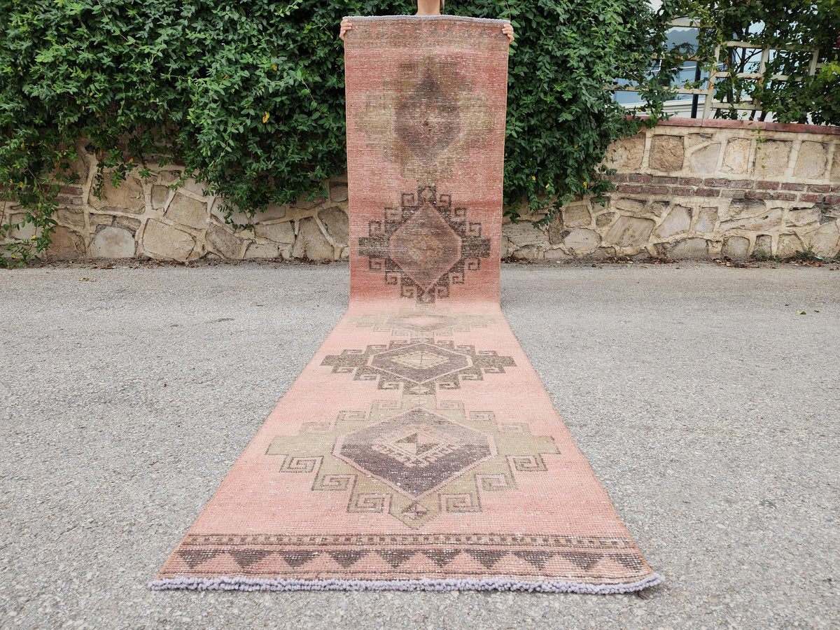 Turkish Hand Made Runner Rug 2.6x11.8 ft, Hallway Tan Runner, Terracotta Tribal Carpet