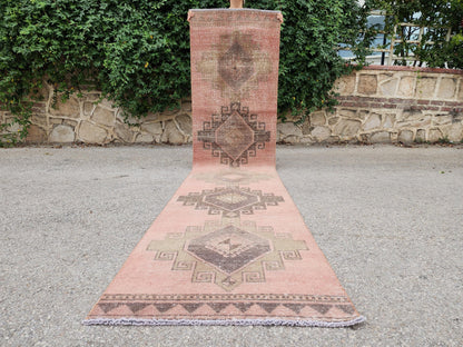 Turkish Hand Made Runner Rug 2.6x11.8 ft, Hallway Tan Runner, Terracotta Tribal Carpet