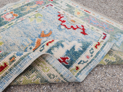 Handwoven Oushak Wool Rug 3x4, Light Blue Floral Entryway Rug