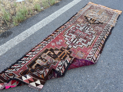 Handwoven Wool Runner Rug: 3x10 Vintage Turkish Herki Rug