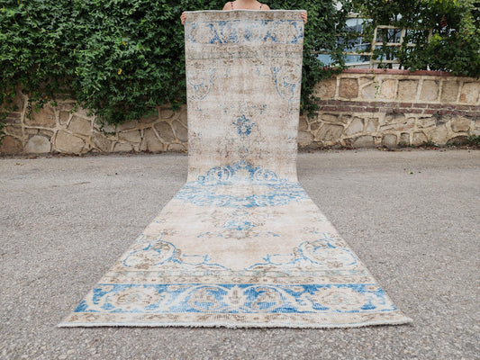 3x10 Vintage Runner Rug, Oushak Turkish Hand Made Carpet, Hallway Boho Decor