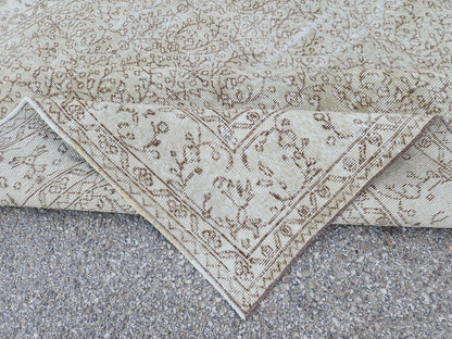 Neutral Vintage Area Rug 6x10, Hand Knotted, Turkish Hand Woven, Beige And Green