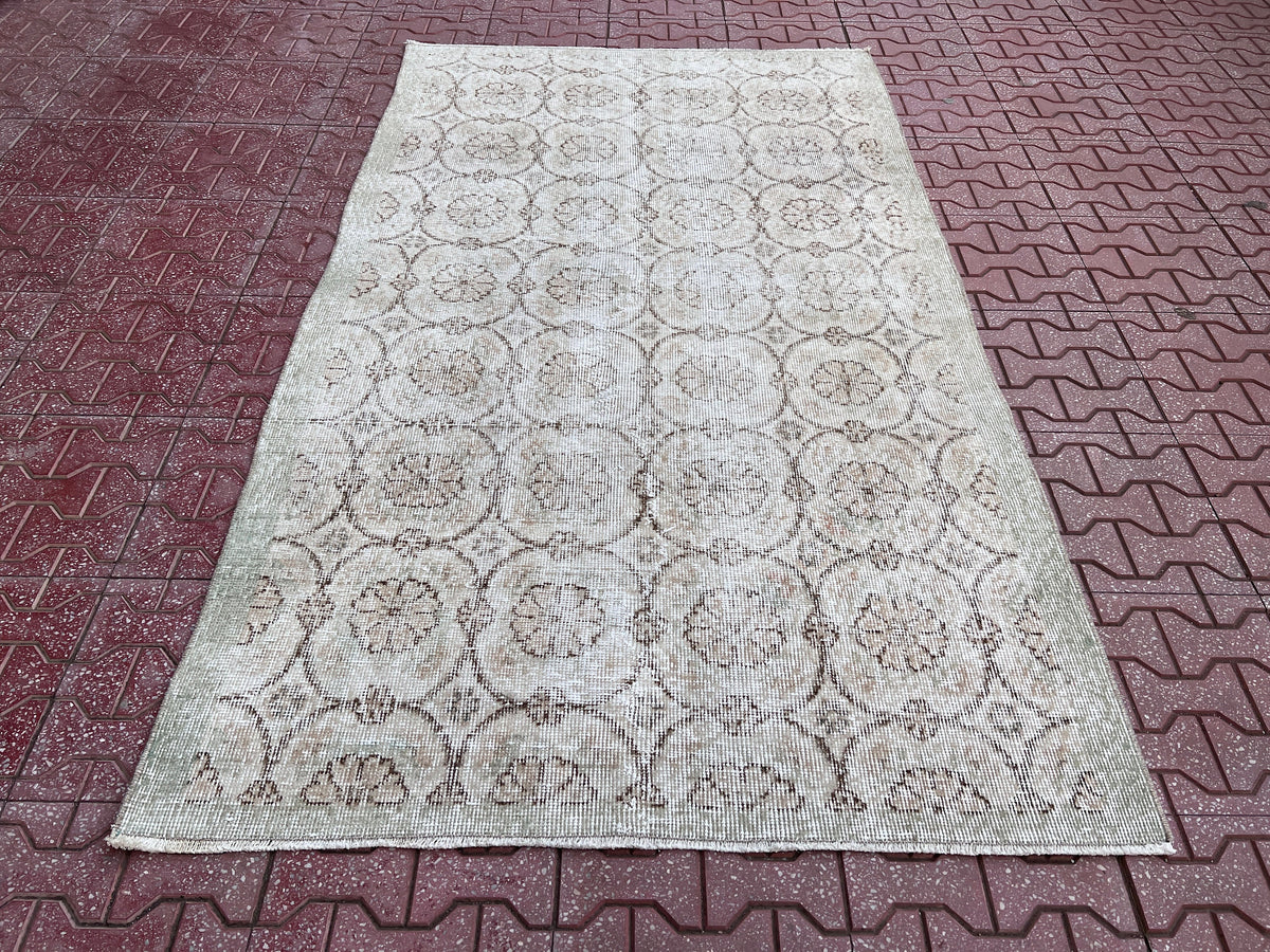 Handwoven Neutral Oushak Rug 4x7: Turkish Wool & Cotton Rug