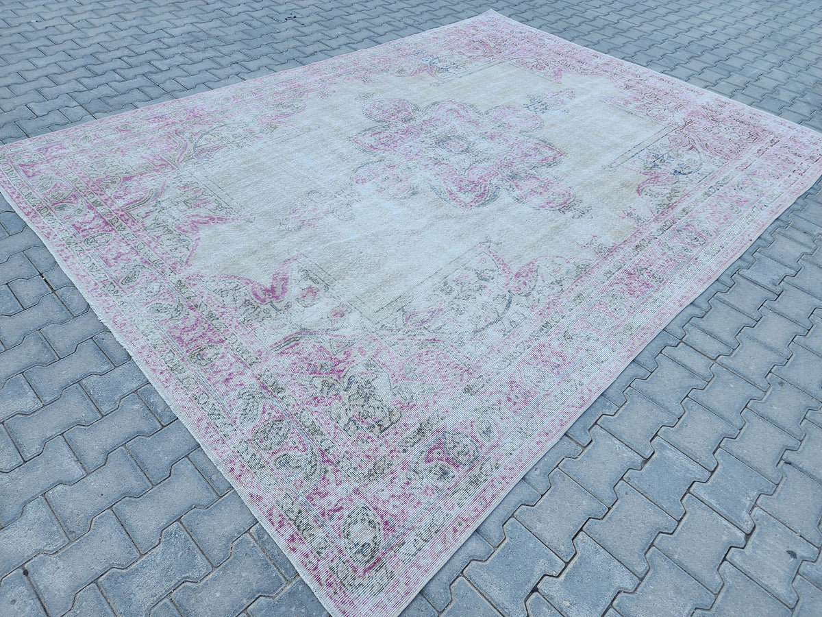 8x11 Vintage Oushak Rug: Pink Wool Turkish Rug