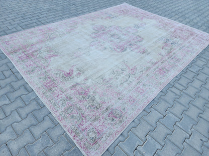 8x11 Vintage Oushak Rug: Pink Wool Turkish Rug