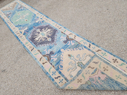 3x13 Oushak Runner Rug, Soft Blue Wool Turkish Hand Made, Rustic Hallway Decor