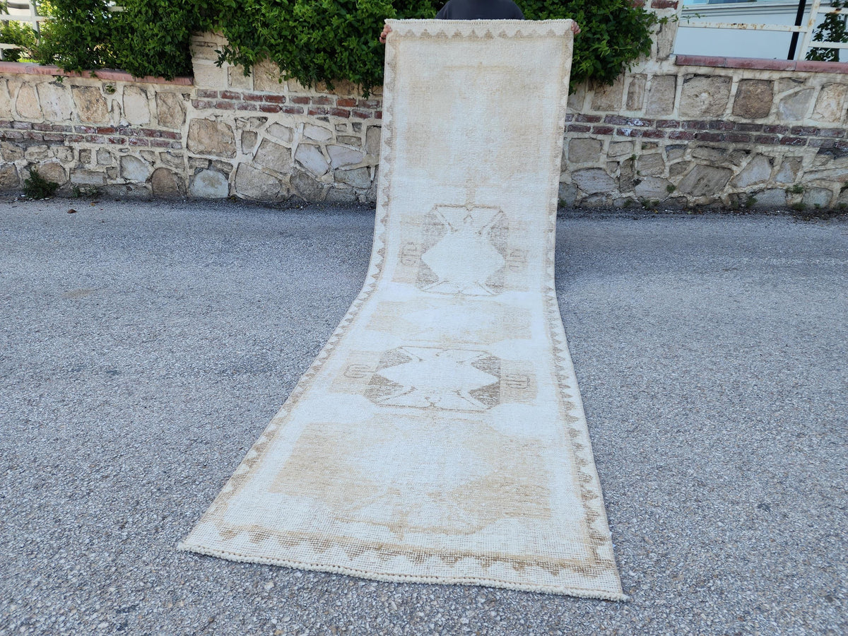 Neutral Wool Runner Rug 3x11: Hand Made Oriental Hallway Decor, Up Cycled Wool