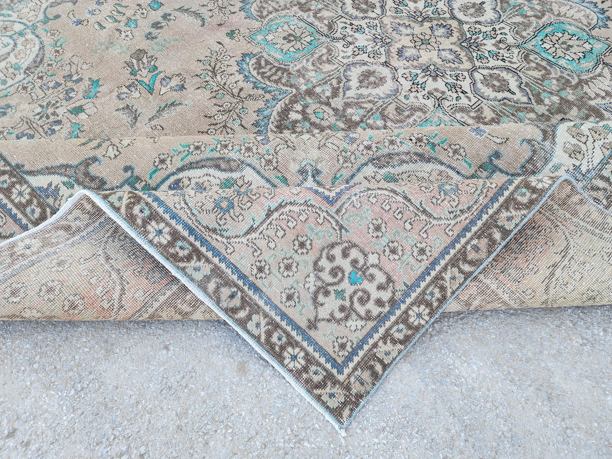 Vintage Neutral Area Rug 9x13: Persian Medallion Design, Brown and Green