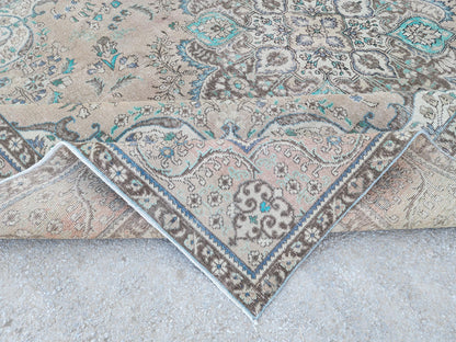 Vintage Neutral Area Rug 9x13: Persian Medallion Design, Brown and Green
