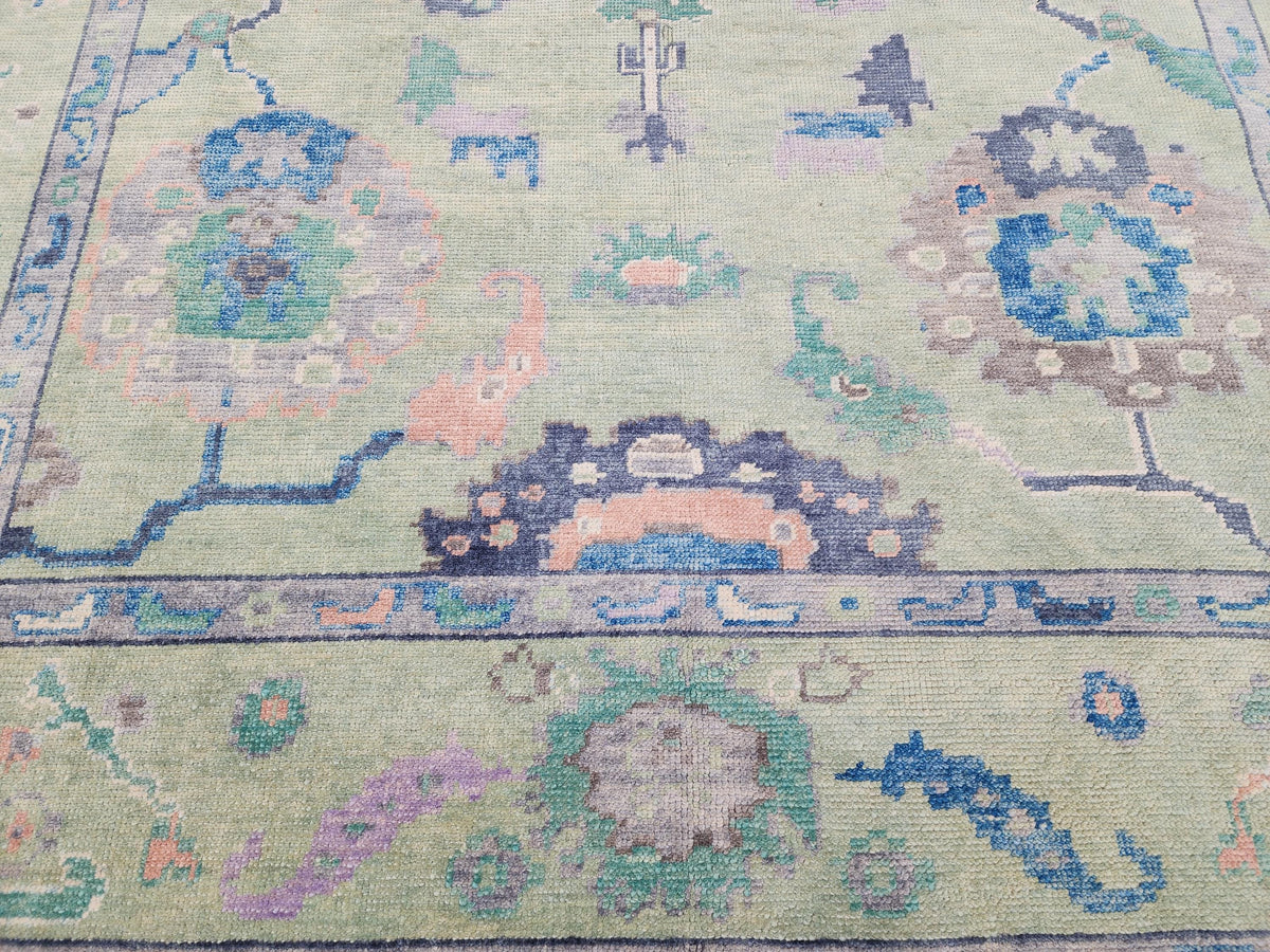 8x10 Oushak Rug: Eco Friendly Carpet,Handwoven Turkish Wool, Pastel Green Vintage Style