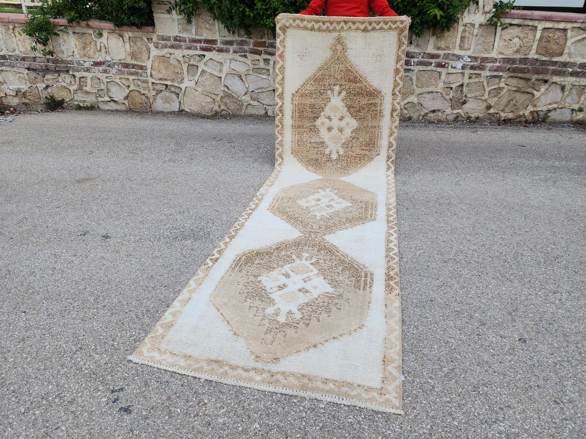 3x11 Wool Turkish Runner Rug: Neutral Rustic Hallway Entry Rug