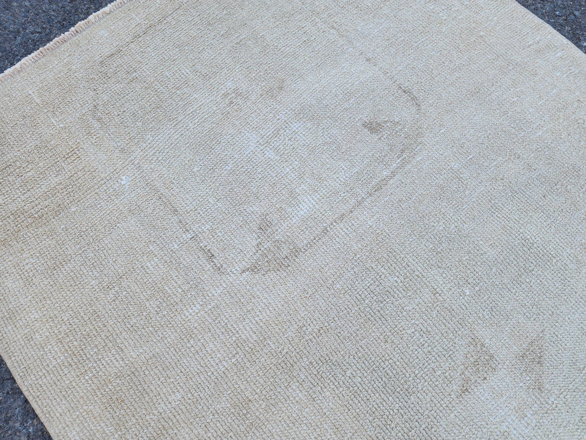 Muted Turkish Runner Rug 3x11, Farmhouse Decor, Neutral Hand Knotted Beige and White