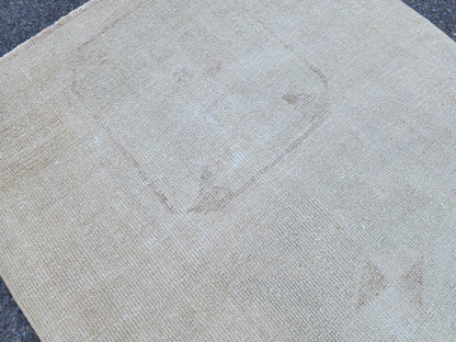 Muted Turkish Runner Rug 3x11, Farmhouse Decor, Neutral Hand Knotted Beige and White