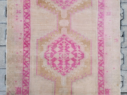 Vintage Pink Wool Oushak Runner Rug - 3x9 Oriental Entryway Rug