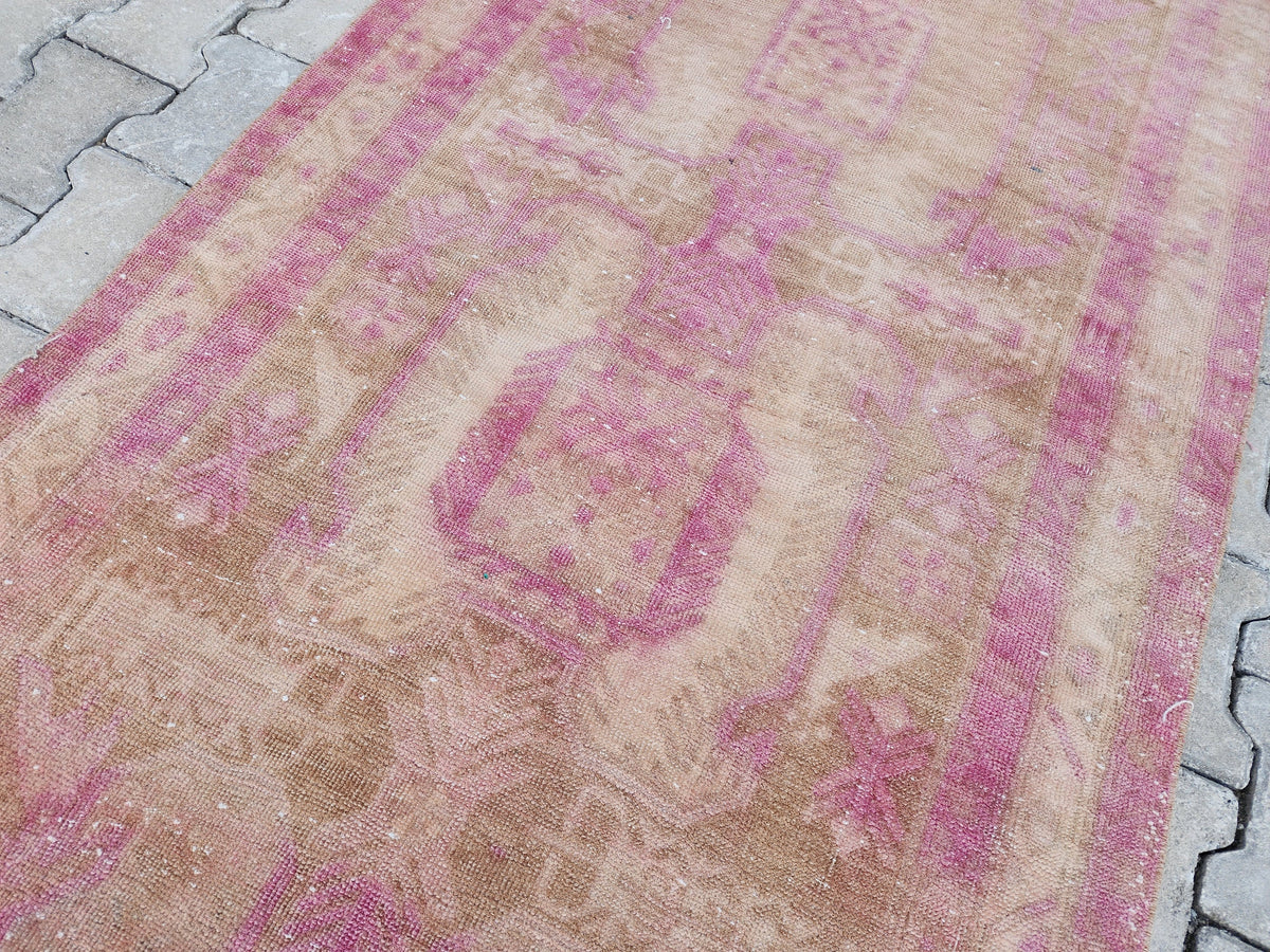 3x11 Pink Wool Turkish Runner Rug: Hand Knotted Bohemian Hallway Decor