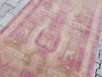 3x11 Pink Wool Turkish Runner Rug: Hand Knotted Bohemian Hallway Decor