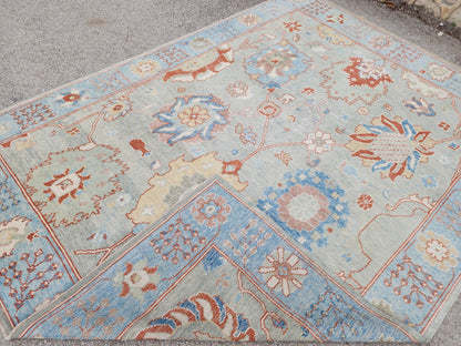 8x10 Oushak Rug, Handwoven Turkish Wool, Light Blue Terracotta Floral, Living Room Decor