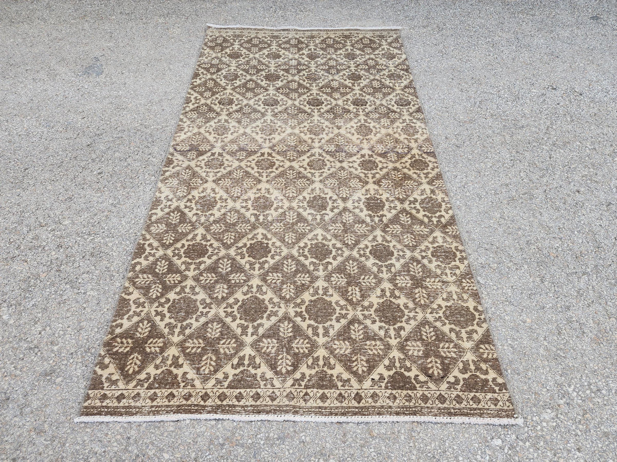 3x7 Vintage Area Rug, Brown Geometric Design Carpet, Hand Made Turkish Wool