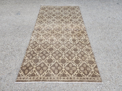 3x7 Vintage Area Rug, Brown Geometric Design Carpet, Hand Made Turkish Wool