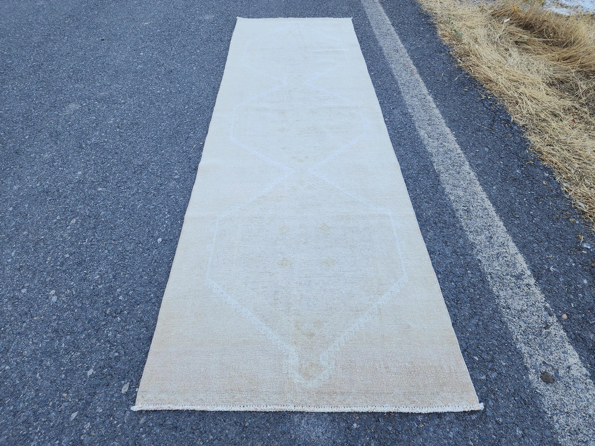 3x10 Neutral Runner Rug, Hand Made Rustic Decor, Oriental Living Room Decor