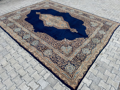 10x13  Vintage Wool Rug, Hand Knotted Turkish Oriental, Neutral Blue Carpet