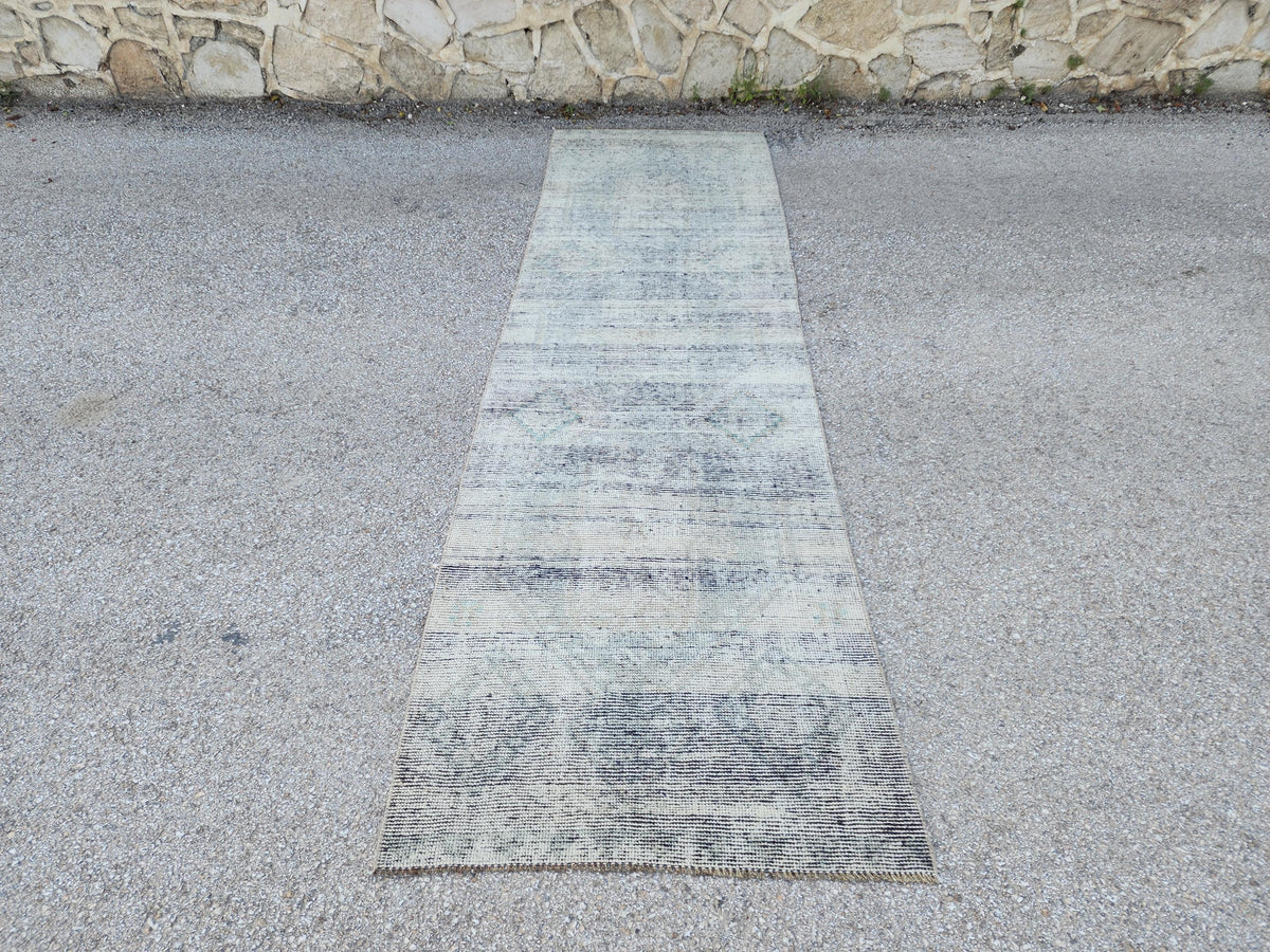 3x11 Vintage Gray Wool Runner Rug: Hand Knotted Hallway Carpet