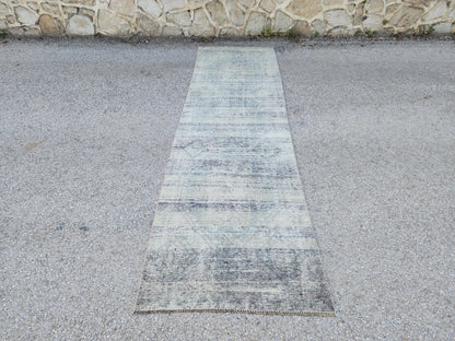 3x11 Vintage Gray Wool Runner Rug: Hand Knotted Hallway Carpet