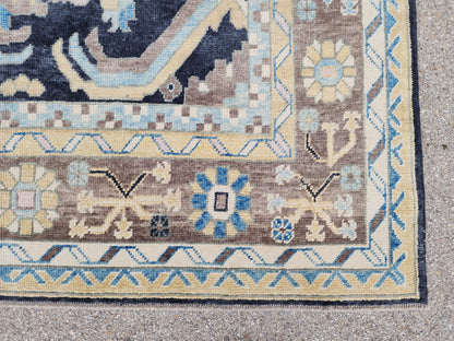8x11 Navy Blue Oushak Rug: Handwoven Turkish Wool Medallion design, Patina Blue Home Decor