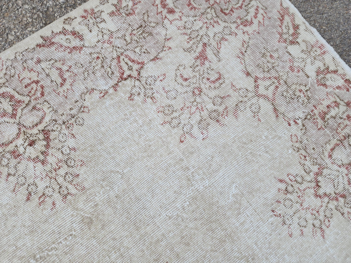 7x10 Medallion Oushak Rug: Turkish Hand Knotted, Farmhouse Beige and Faded Red Rug
