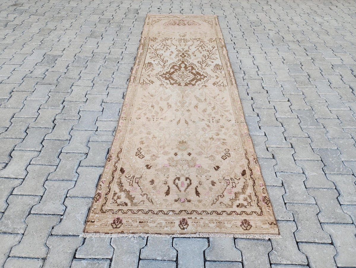 3x10 Hand Woven Neutral Turkish Runner Rug: Oushak Hallway Rug, Farmhouse Bohem Decor