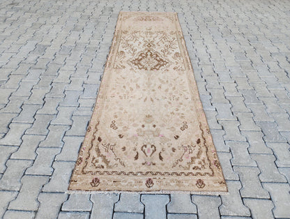 3x10 Hand Woven Neutral Turkish Runner Rug: Oushak Hallway Rug, Farmhouse Bohem Decor