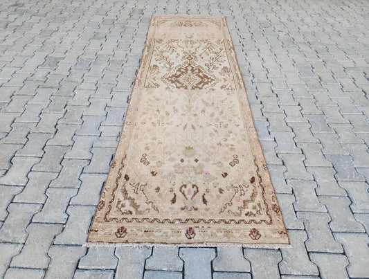 3x10 Hand Woven Neutral Turkish Runner Rug: Oushak Hallway Rug, Farmhouse Bohem Decor