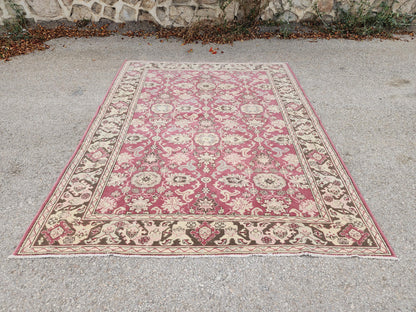 6x8 Turkish Hand Made Rug, Bohemian Rustic Decor, Oushak Red Wool Carpet