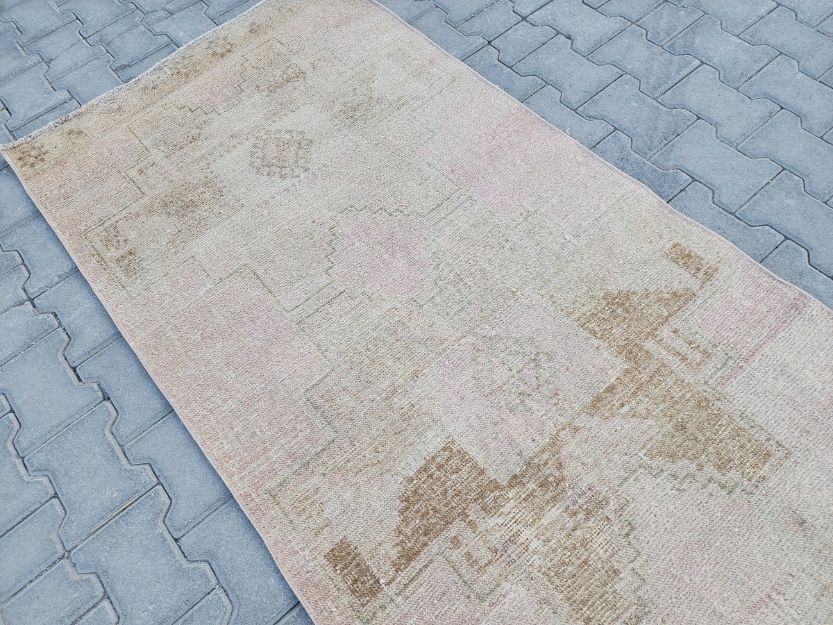 3x11 Turkish Runner Rug: Hand Woven Wool Neutral Beige with Subtle Geometric Pattern
