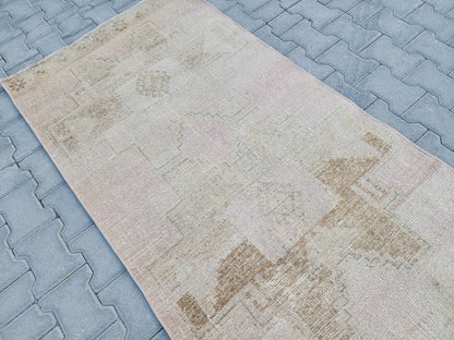 3x11 Turkish Runner Rug: Hand Woven Wool Neutral Beige with Subtle Geometric Pattern