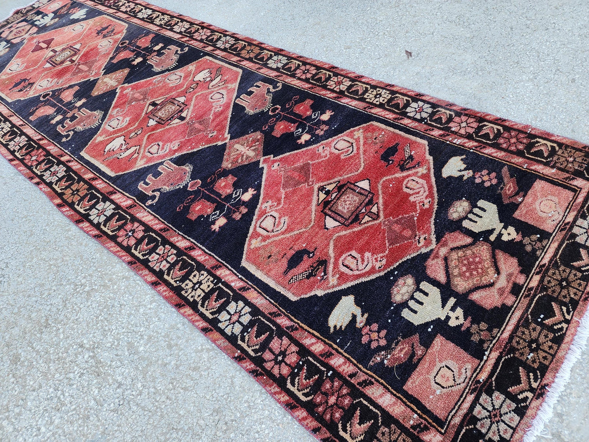 Vintage Wool Runner Rug: Animal Design, Navy Blue and Faded Red