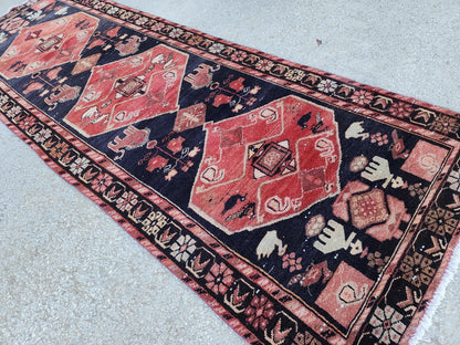 Vintage Wool Runner Rug: Animal Design, Navy Blue and Faded Red