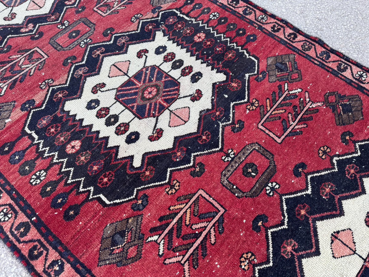 3x9 Vintage Wool Runner Rug: Hand Made, Persian Geometric Design, Medallion Pattern