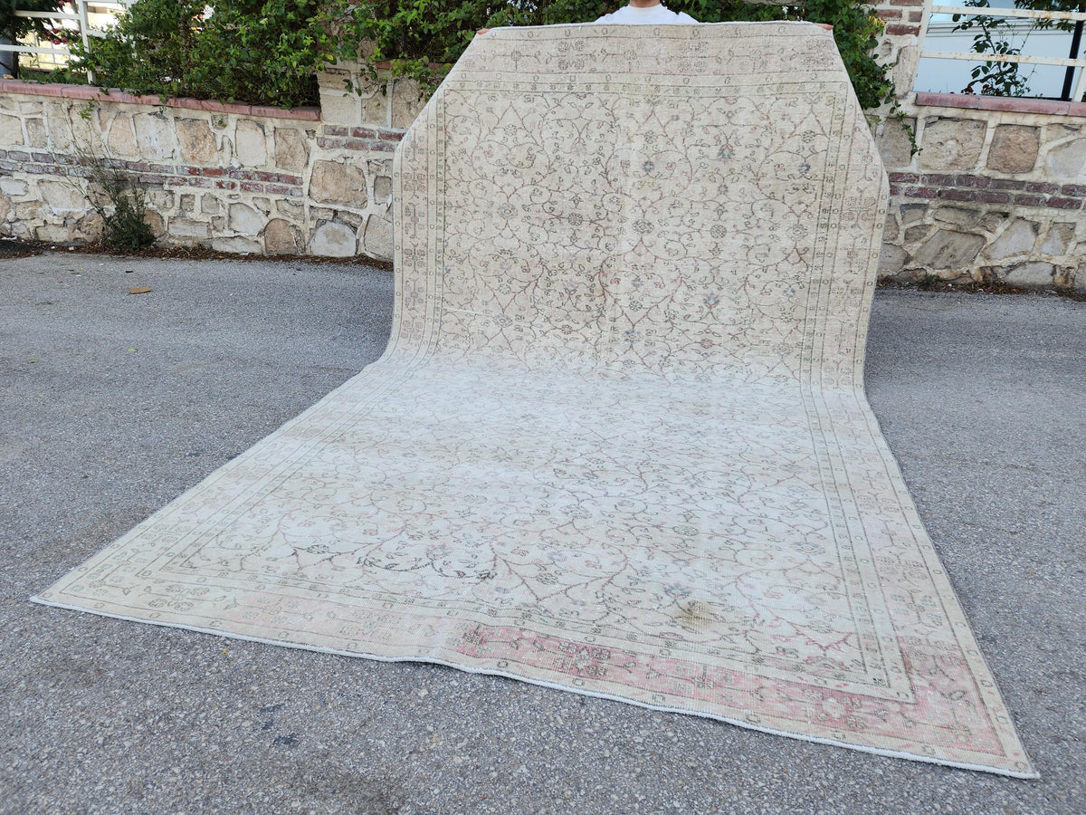 Turkish Oushak Rug 7x11: Wool & Cotton Blend, Muted Area Floral Desgin