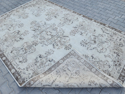7x10 Vintage Oushak Rug: Hand-Knotted Wool, Beige Traditional Rug