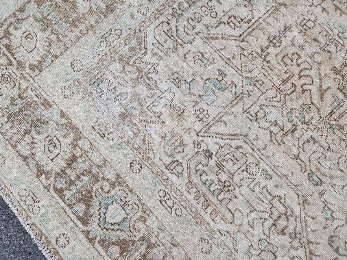 Heriz Neutral Rug 9x12, Hand Knotted Beige And Brown Wool, Living Room Rustic Decor