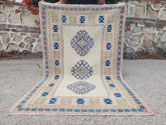 3x4 Vintage Small Rug, Turkish Hand Woven Carpet, Living Room Home Rustic Decor