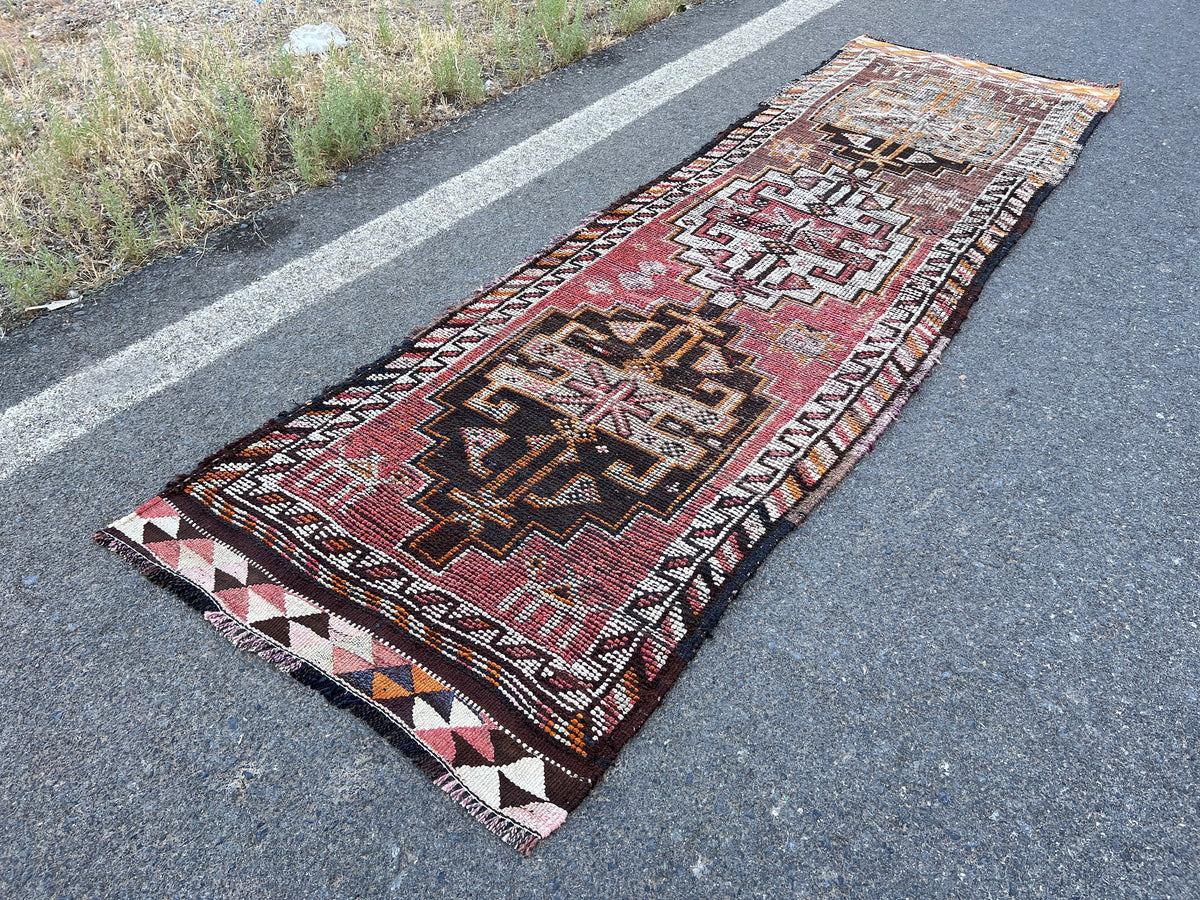 Handwoven Wool Runner Rug: 3x10 Vintage Turkish Herki Rug