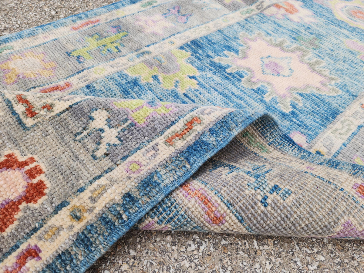 3x6 Handwoven Wool Oushak Runner Rug: Boho Patina Blue Home Textiles