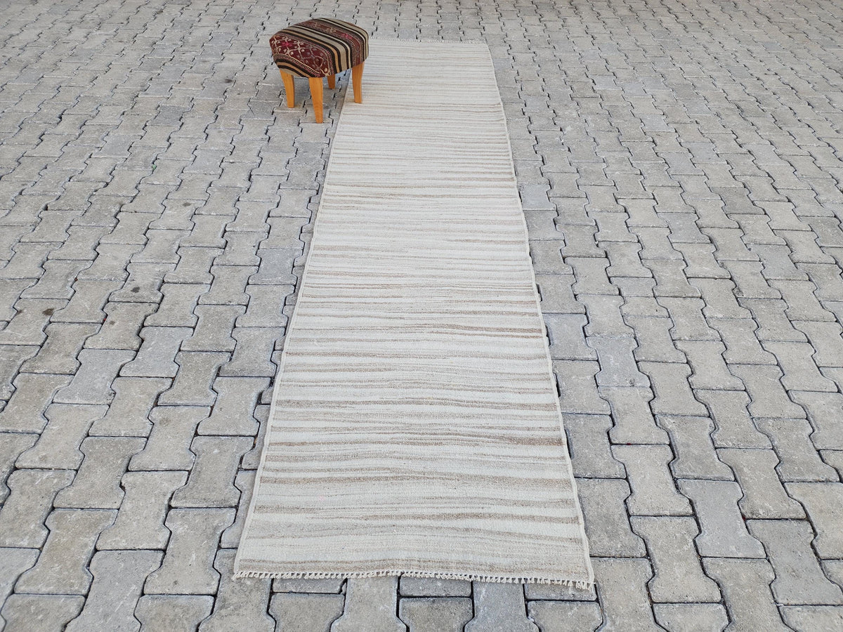 2.7x11, Neutral Wool ,Handwoven Turkish Kilim Runner Rug, Rustic Vintage Kilim