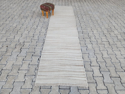 2.7x11, Neutral Wool ,Handwoven Turkish Kilim Runner Rug, Rustic Vintage Kilim