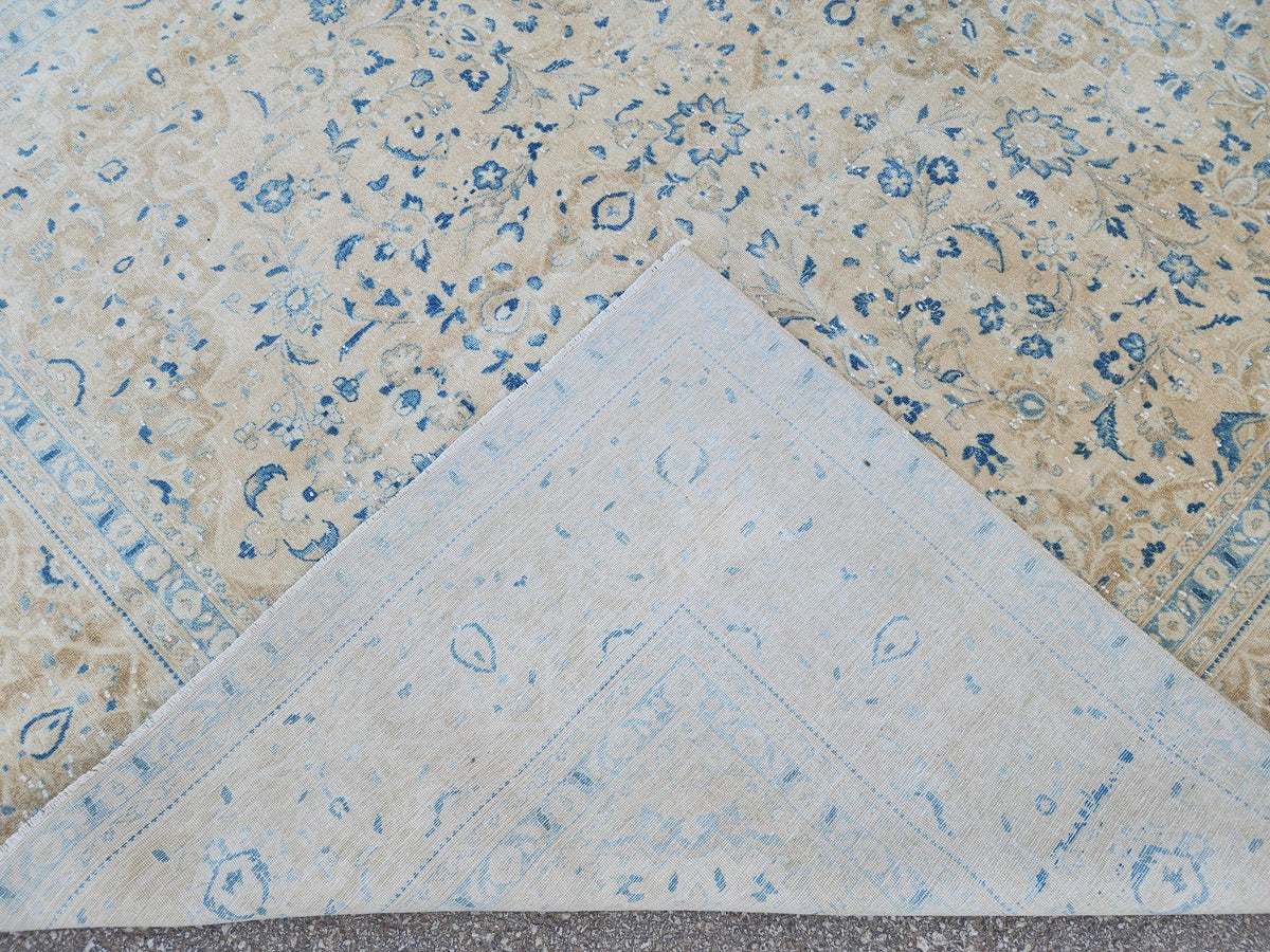 Neutral Blue Wool Area Rug 9x14: Rustic Farmhouse Bohemian Style