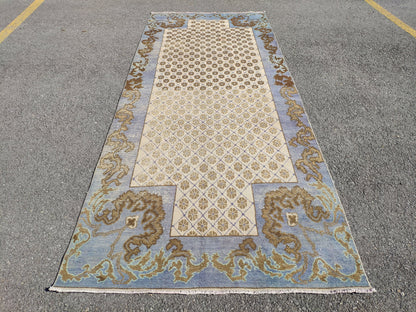 Faded Blue Turkish Runner Rug 4x11: Oriental Hallway Rug
