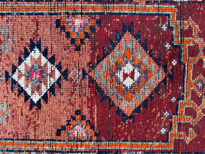 2x11 Runner Rug: Vintage Wool in Maroon and Orange with Geometric Tribal Pattern