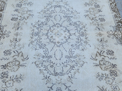 Vintage Oushak Rug 6x9: Beige Medallion Handmade Wool Carpet